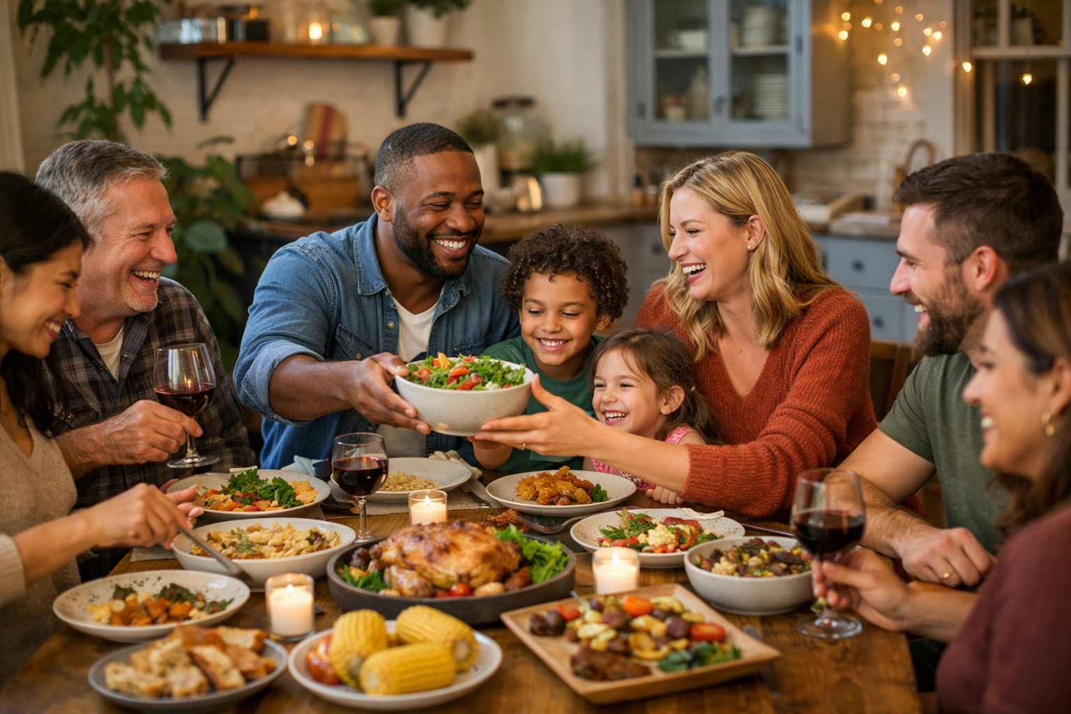 Mixed Racial Family Sharing Meal with Friends-1