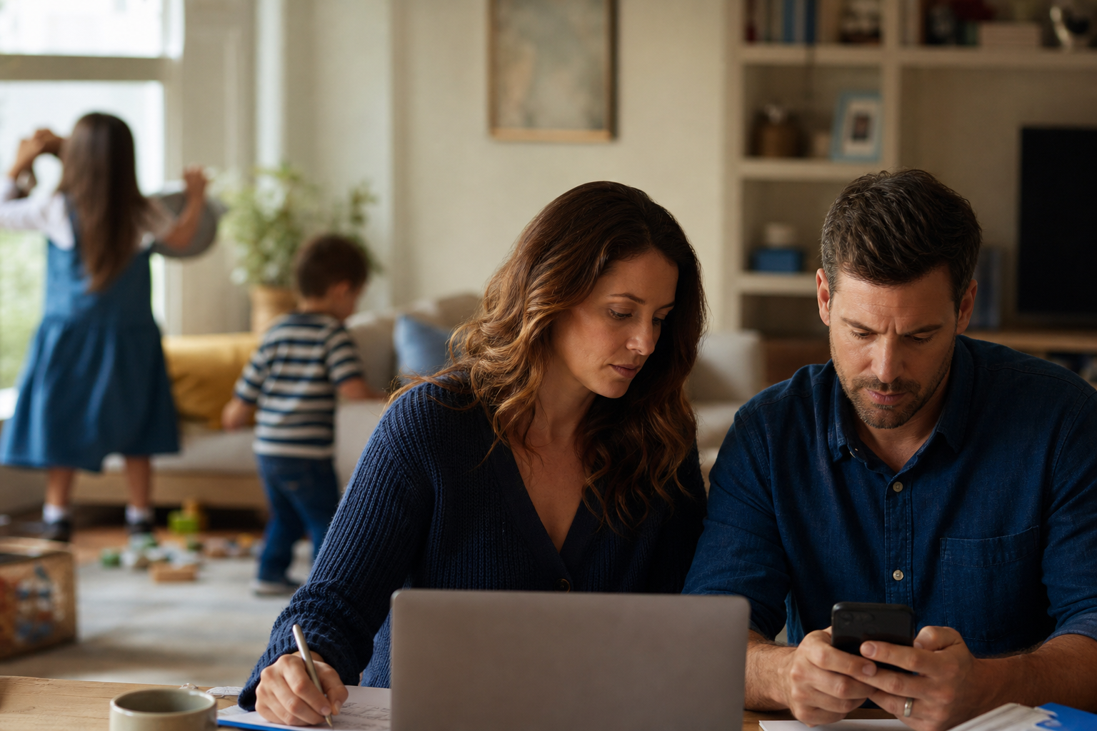 Parents Distracted by Children in Busy Landscape