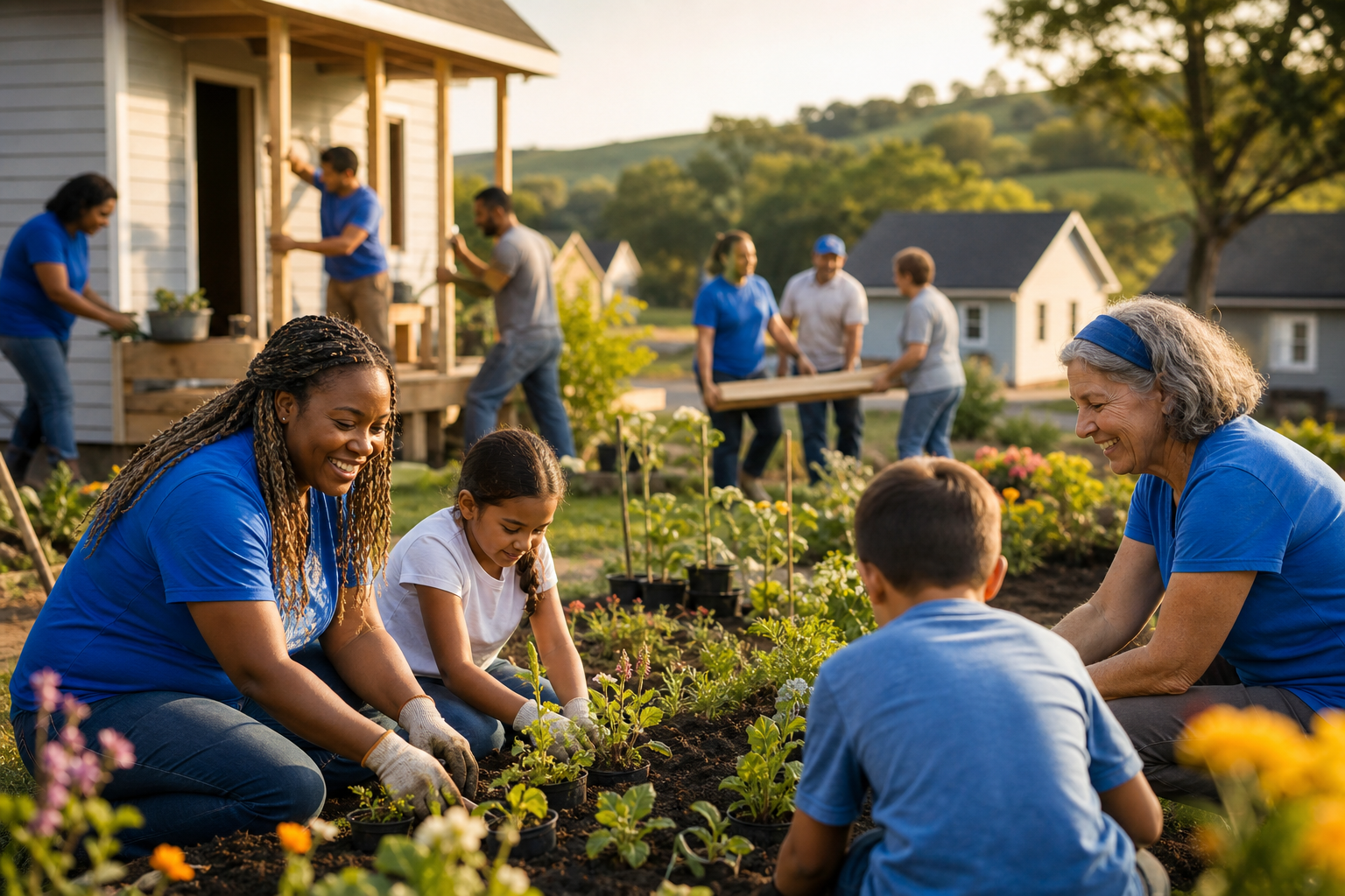 People Building Homes and Planting Gardens in Landscape
