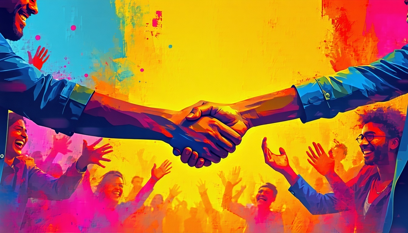 People happy and shaking hands with bright colors in the background-4