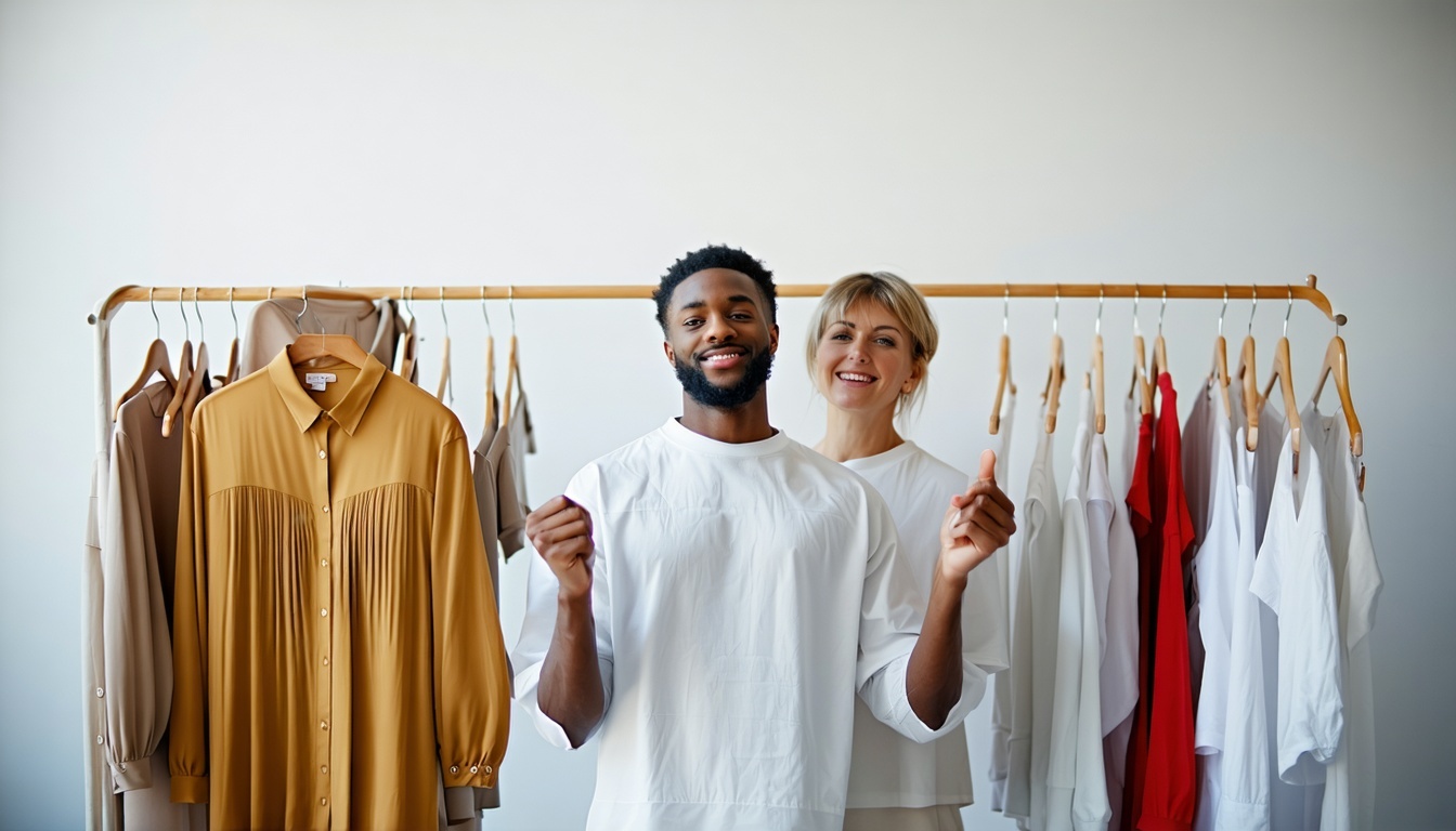People showing off on new clothes holding clothes on a hanger-1
