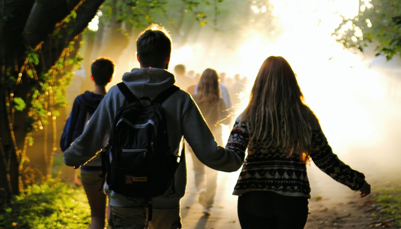 People walking together arm in arm with light shining all around-1