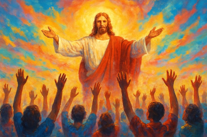 People with arms raised praising Christ with colorful background-1
