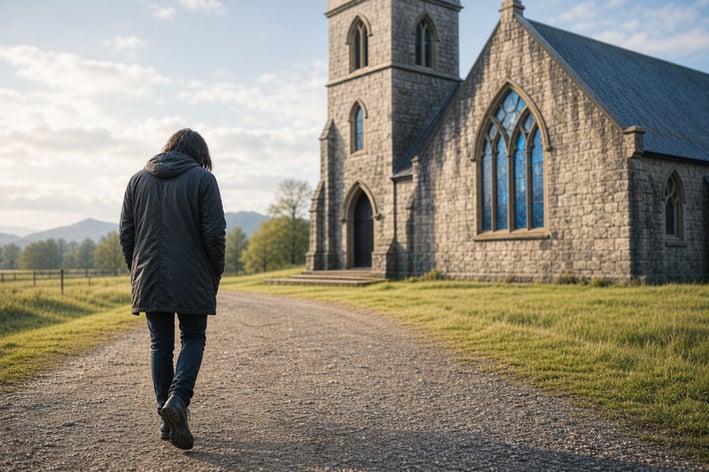 Person Walking Away from Church in Bright Sunny Landscape-1