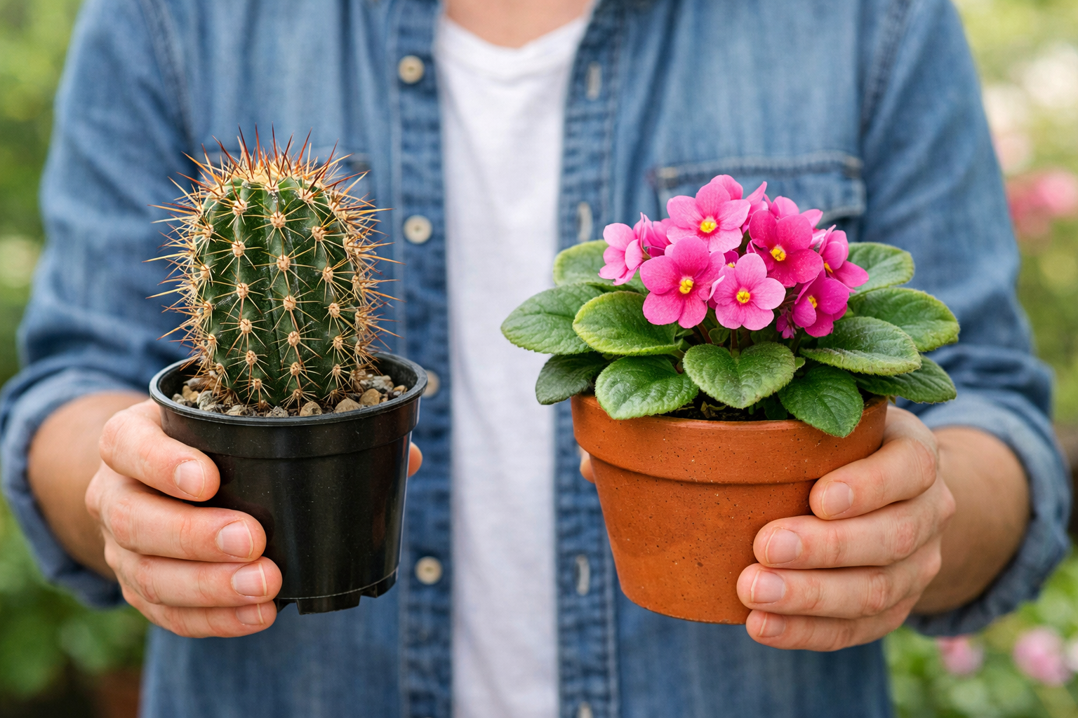 Person holding a plant in each hand one with lots of thorns and one that is beautiful and healthy