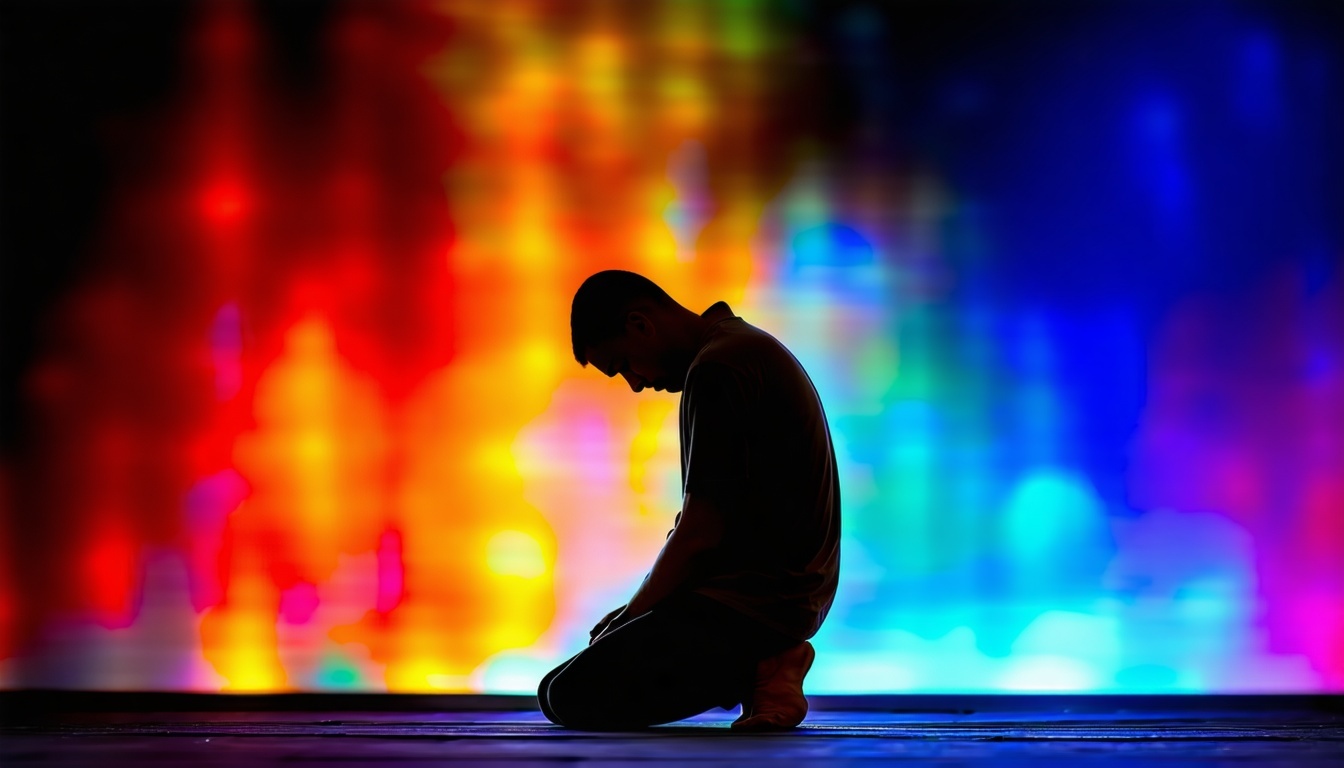 Person on their knees praying to God with head bowed with bright colors in the background-3