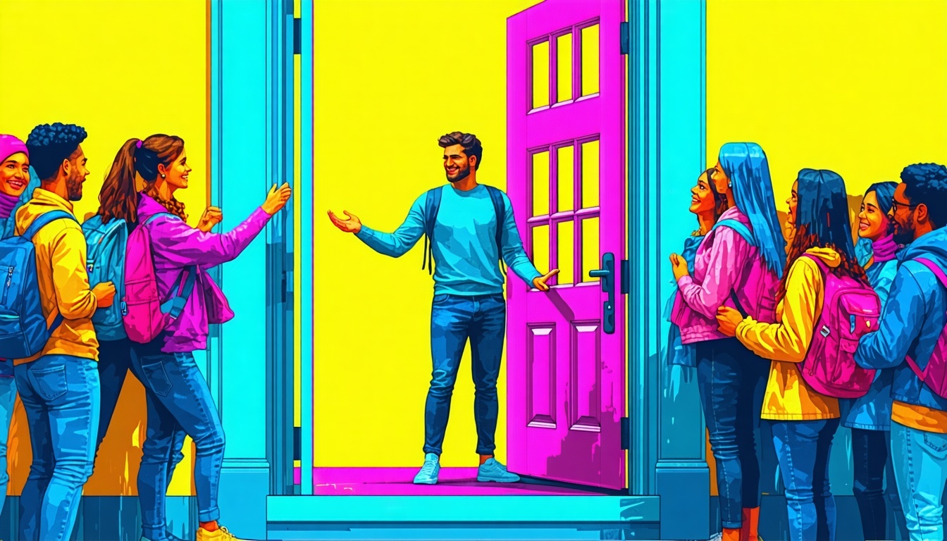 Person opening their front door and welcoming a diverse group of people in with bright happy colors in the background