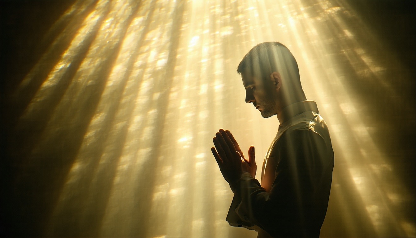 Person praying with light shining around him
