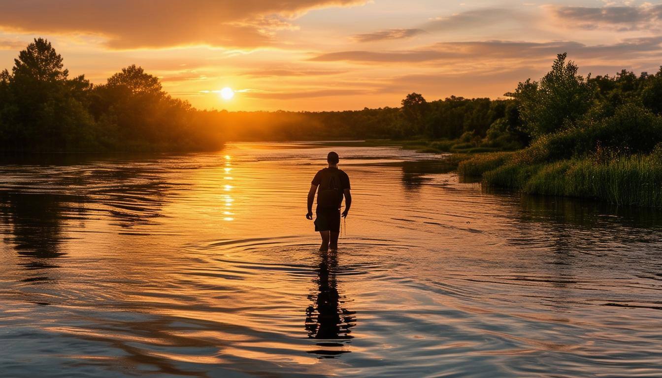 Person wading in shallow river water with beautiful sunset