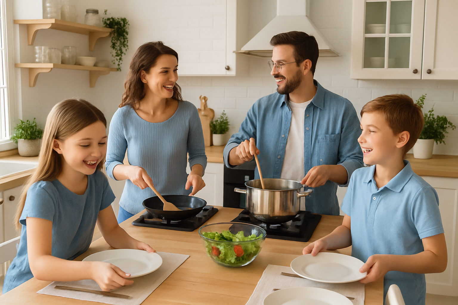 Scene of a family in their kitchen with the mother and father cooking and the children helping to set the table They are all happy and the background