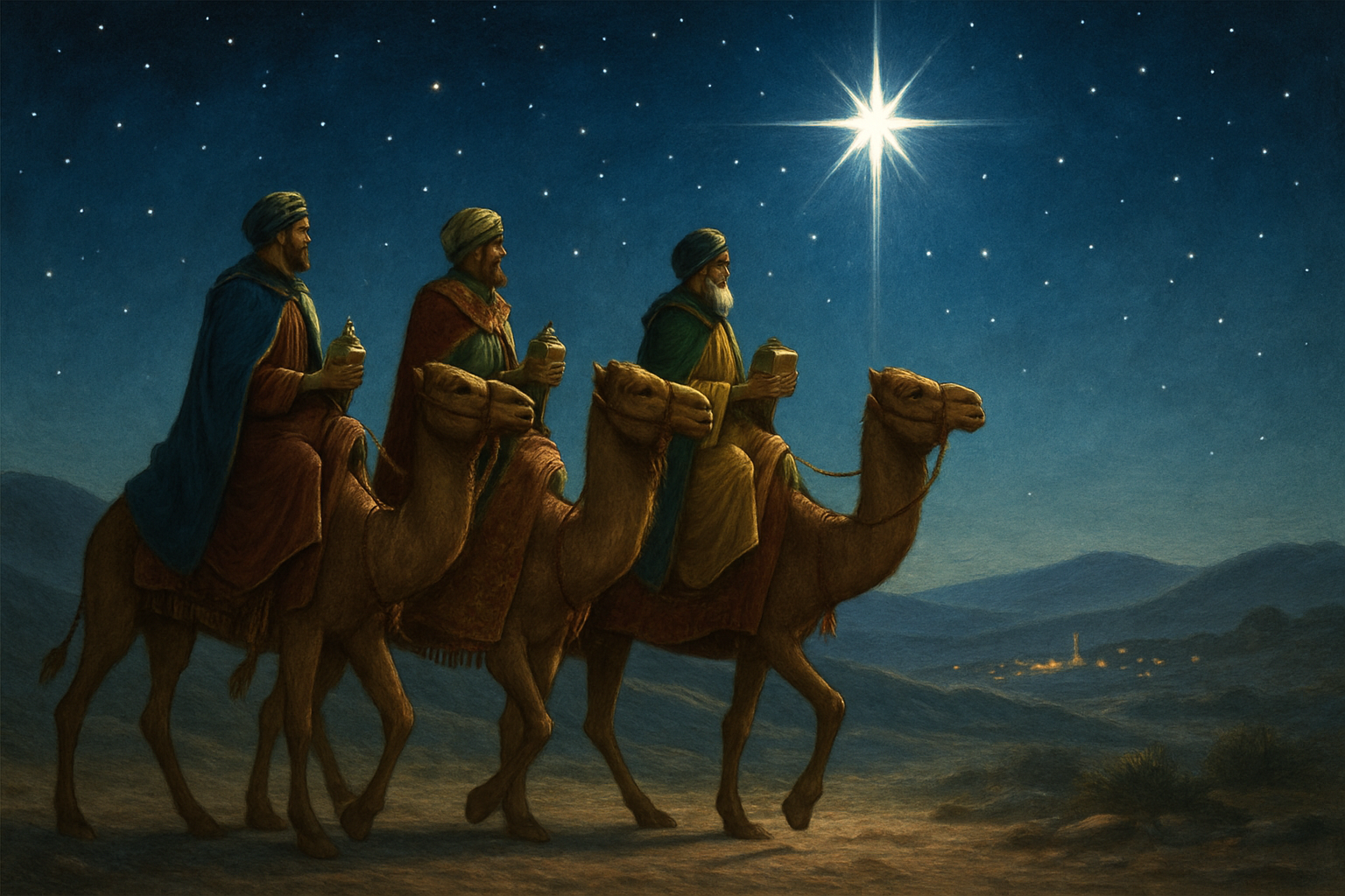 Scene of the three Magi on camels traveling to give gifts to Jesus with a bright star guiding them