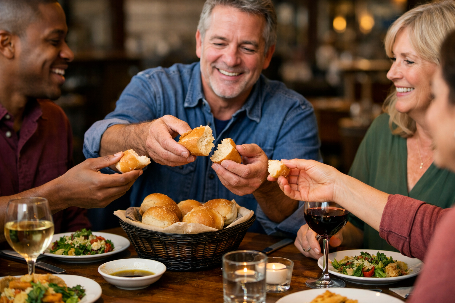 Shared Bread Rolls at a Restaurant Table