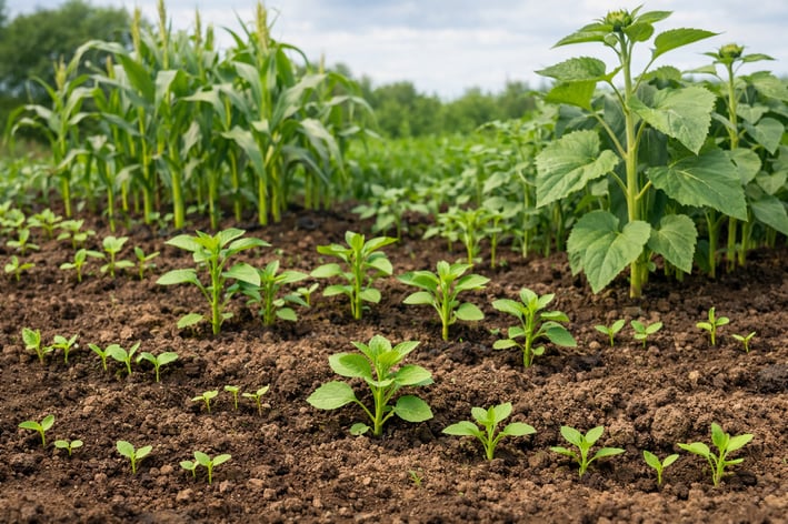 Show a field of plants growing with some already tall and others just sprouting and some in between