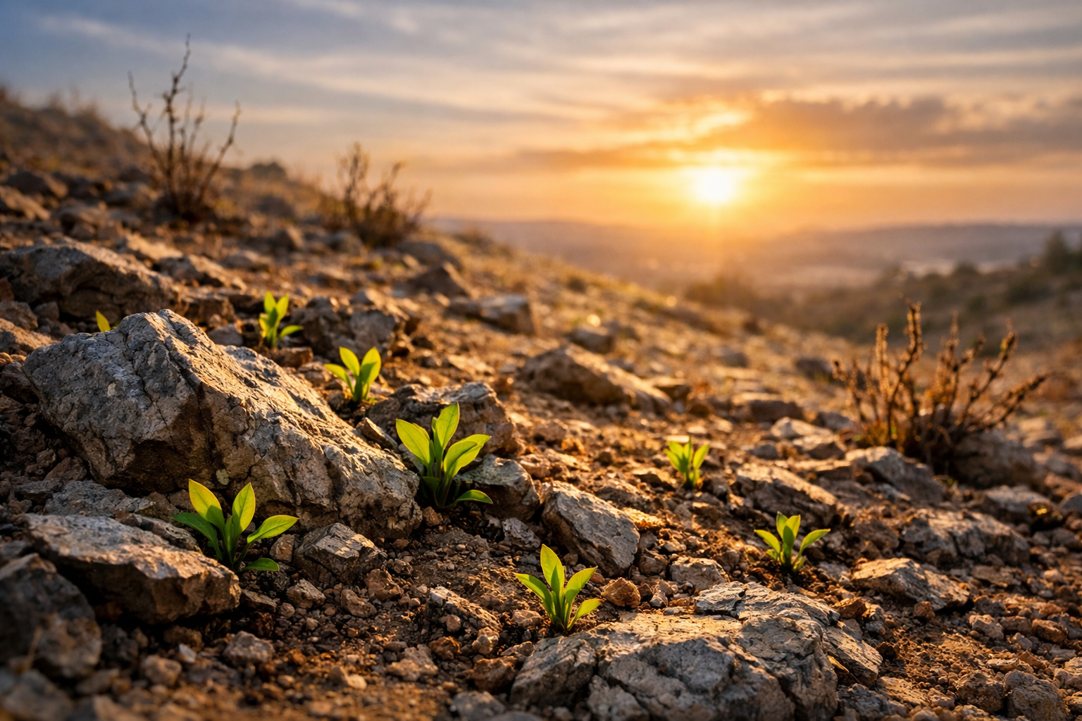 The image captures a rugged landscape characterized by patches of rocky soil interspersed with vibrant green shoots of plants struggling to thrive The