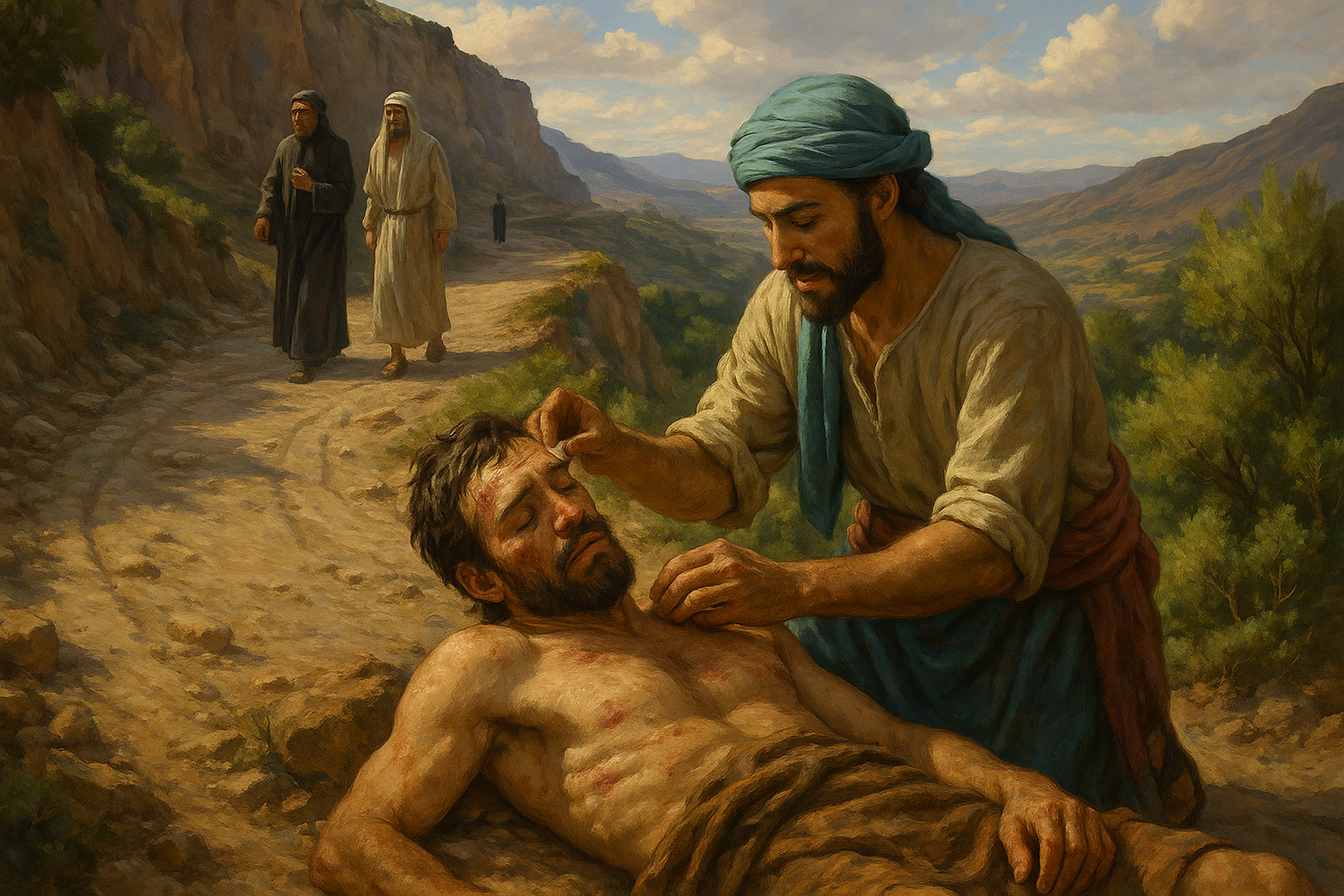 The image depicts a rugged winding road descending from a high cliff symbolizing the treacherous path from Jerusalem to Jericho On one side of the road a beaten man lies on the ground his clothes tattered and face bruised embodying vulnerability and-4
