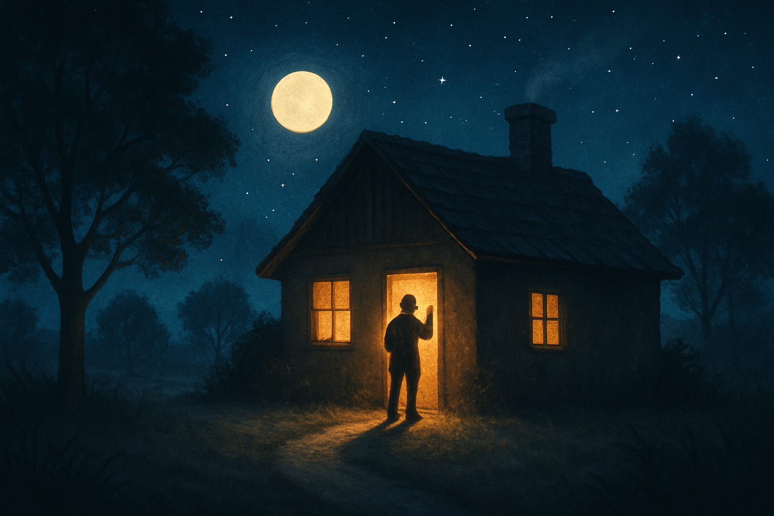 The image depicts a serene nighttime scene illuminated by a soft warm glow emanating from a modest cottage A figure stands at the door their silhouette outlined against the light poised to knock The moon hangs low in the sky casting a gentle silver h-3-1