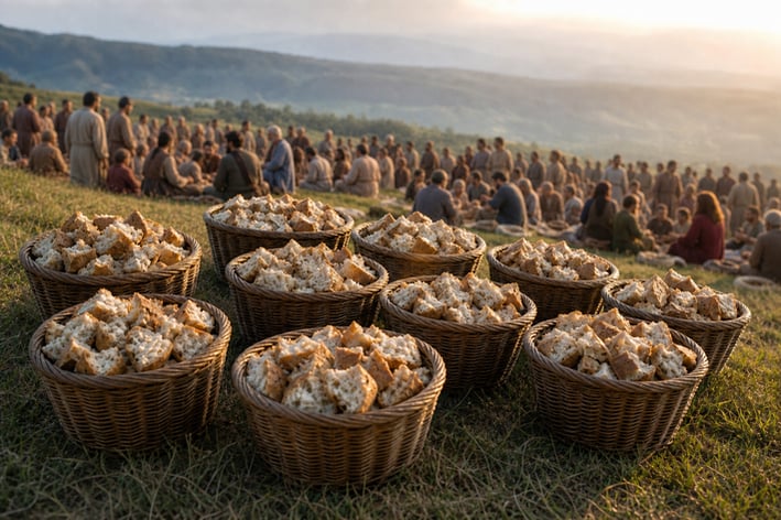 Twelve Baskets Of Broken Bread With People in the Background