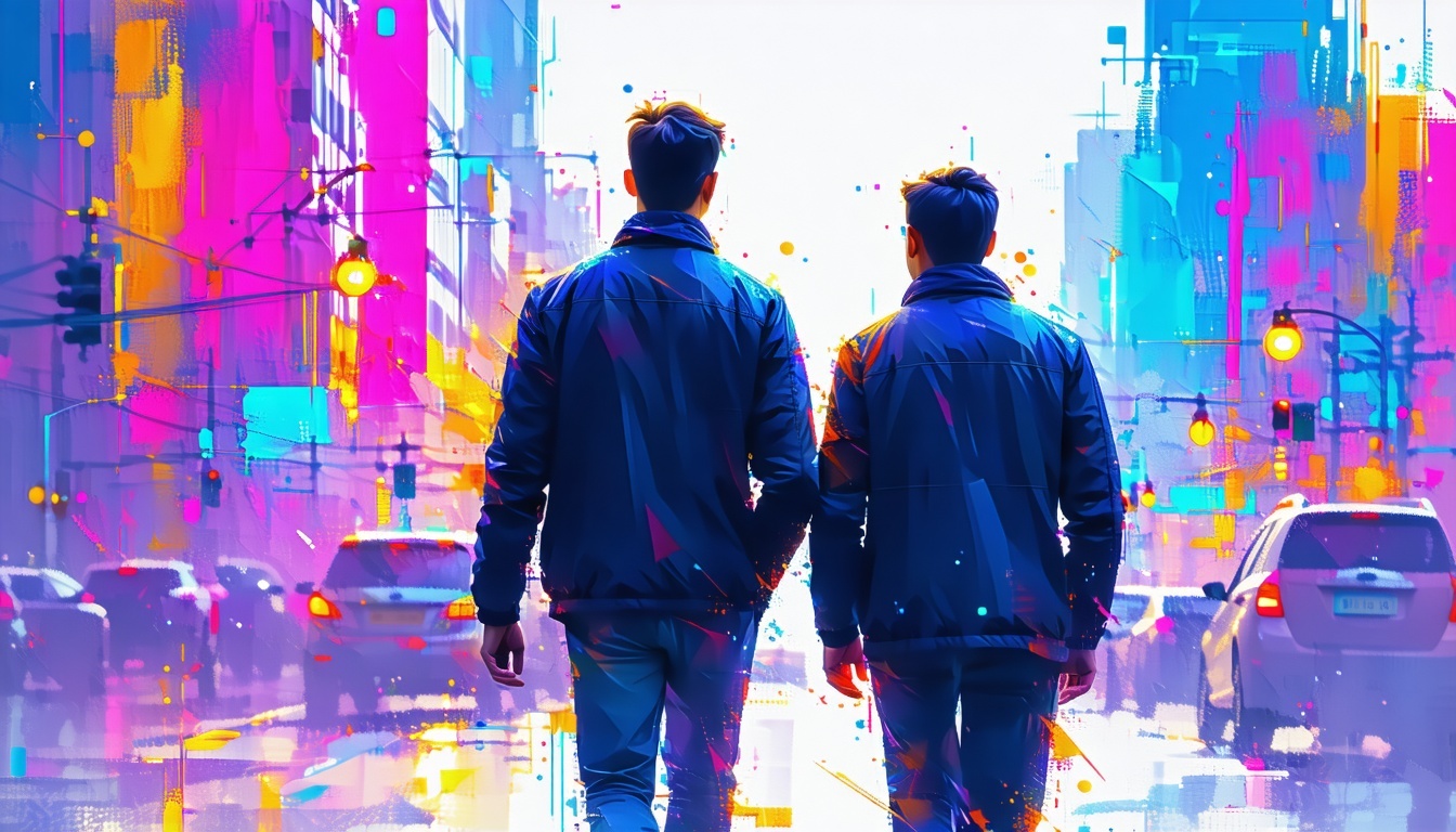 Two men walking with bright colorful city in the background-1