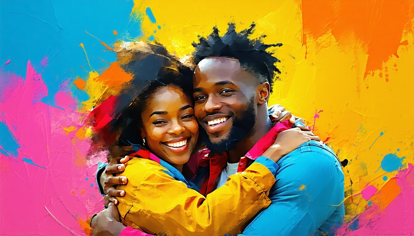 Two people hugging each other with smiles Bright colors depict happiness around them-3