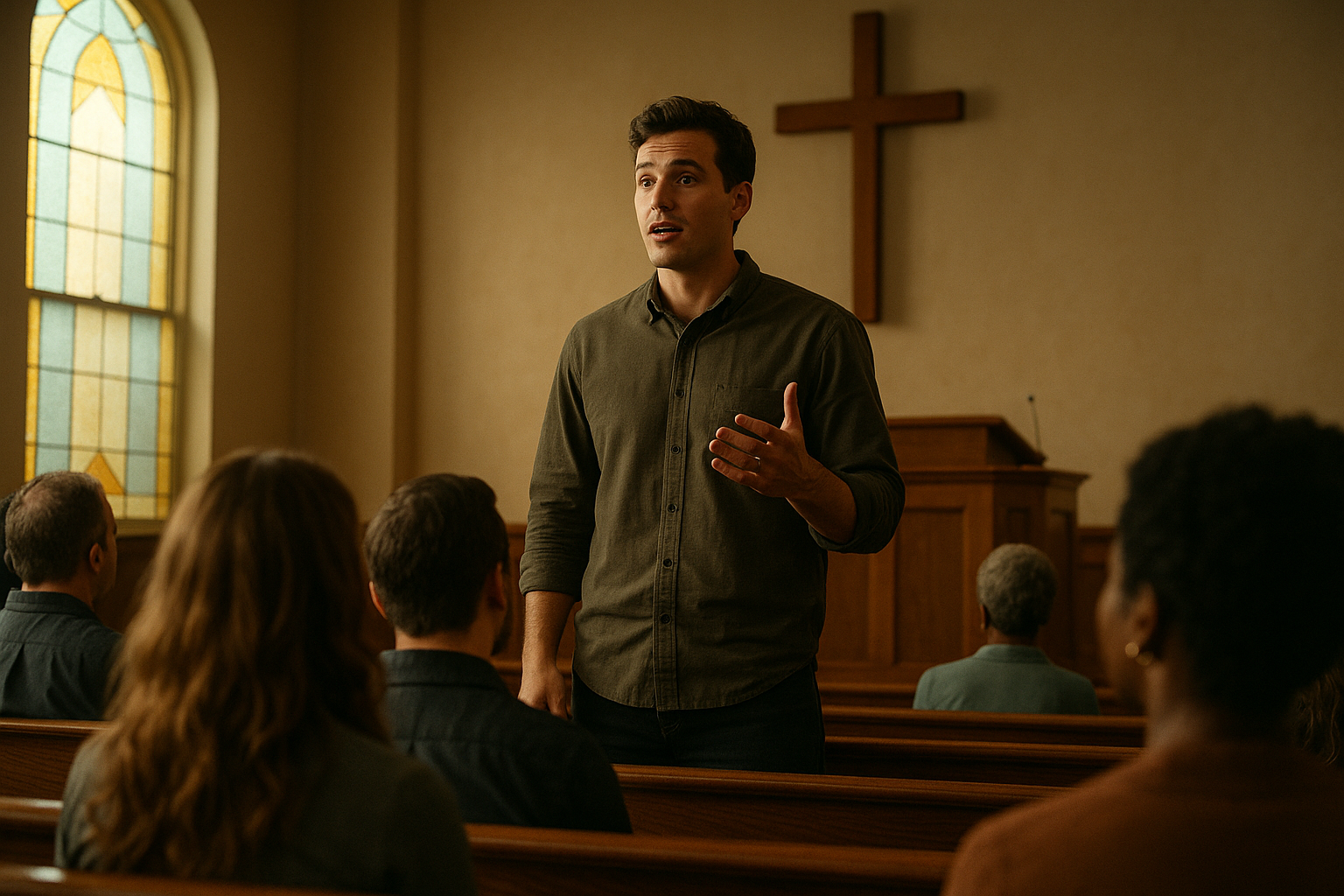 a person standing up at church giving a testimony-3