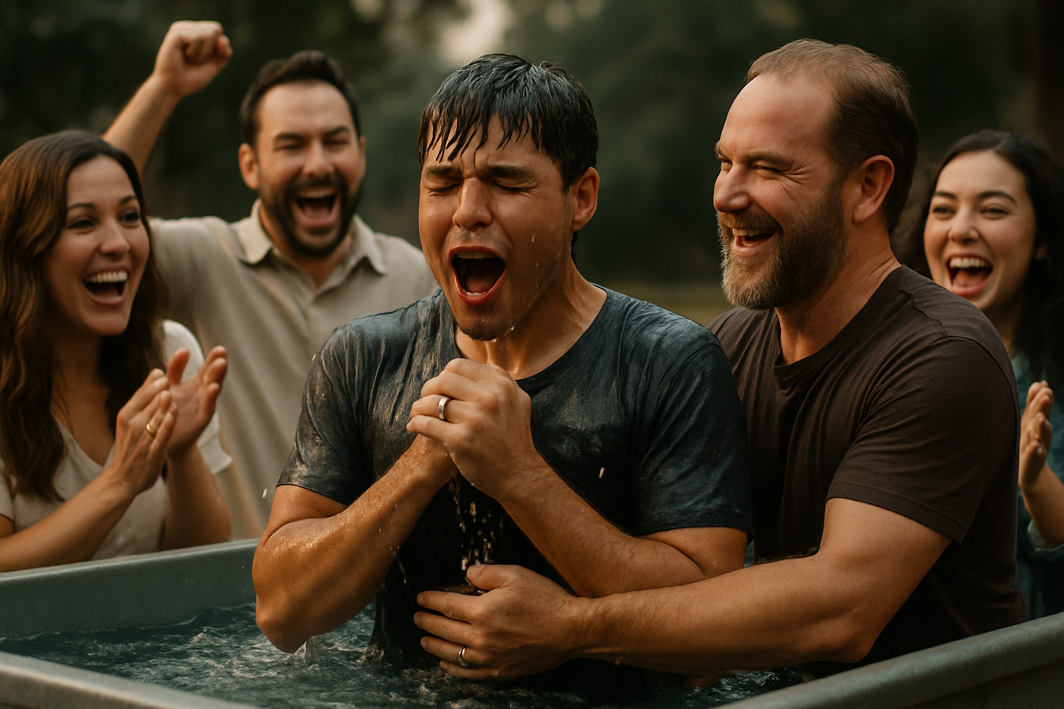 cinematic A person being baptized with family members surrounding and excited-1