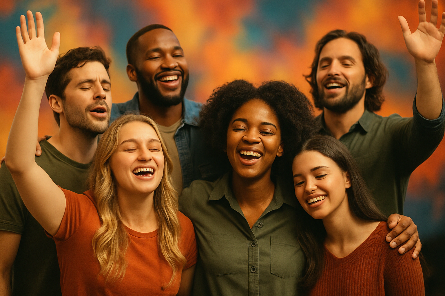 cinematic Group of people worshiping together smiling and some with arms around each other with bright colors in the background-1