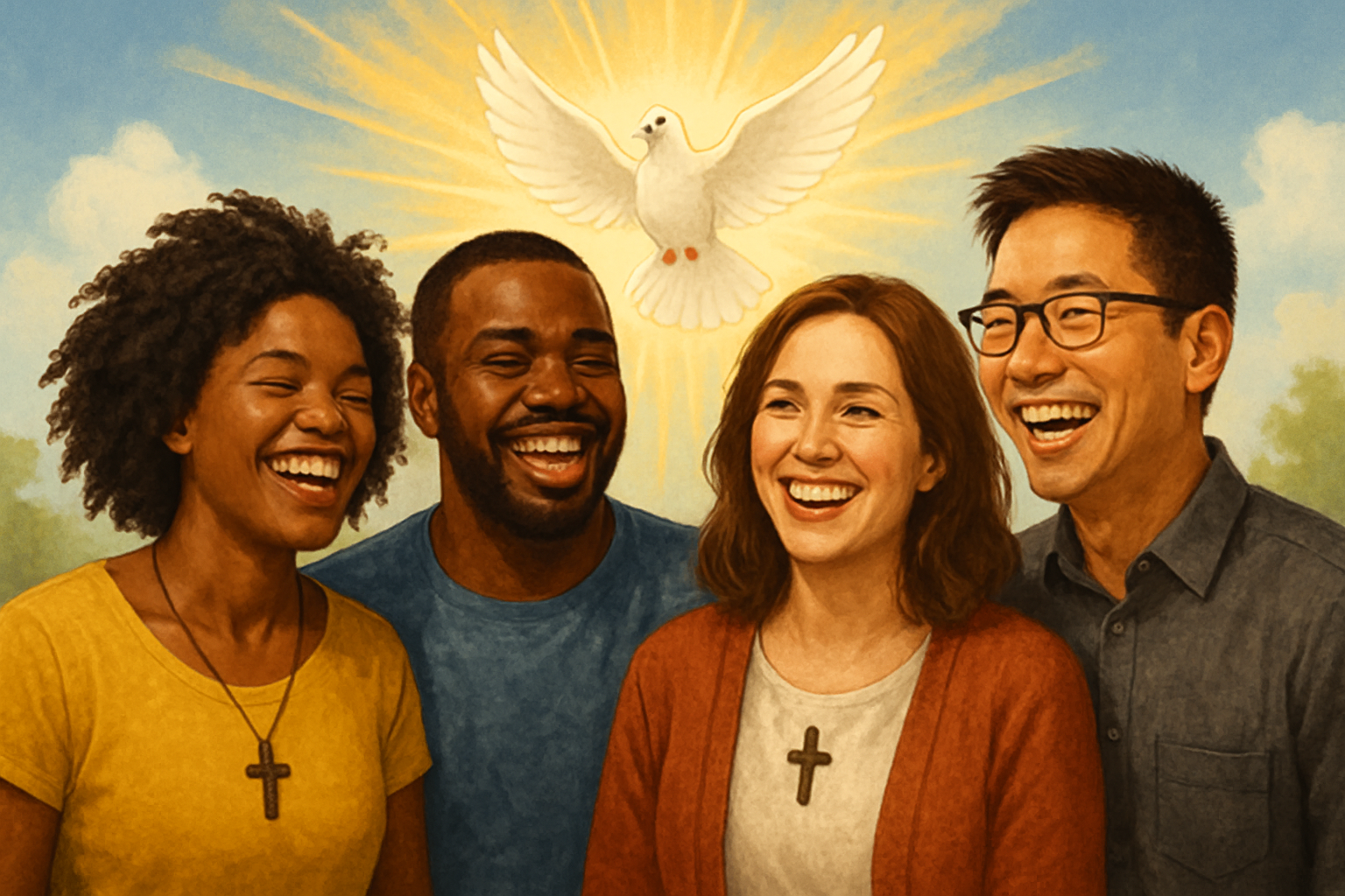 digitalart Group of diverse Christian people today happy smiling and enjoying each other with holy spirit dove in the background