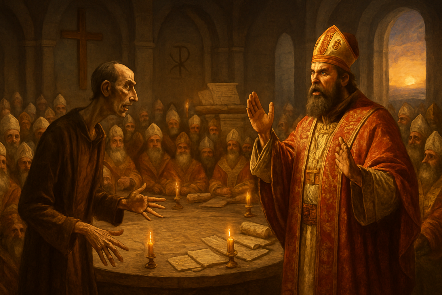 digitalart The image depicts a historical scene set in a grand ancient hall during the Council of Nicaea in 325 AD Over 300 bishops dressed in ornate-1
