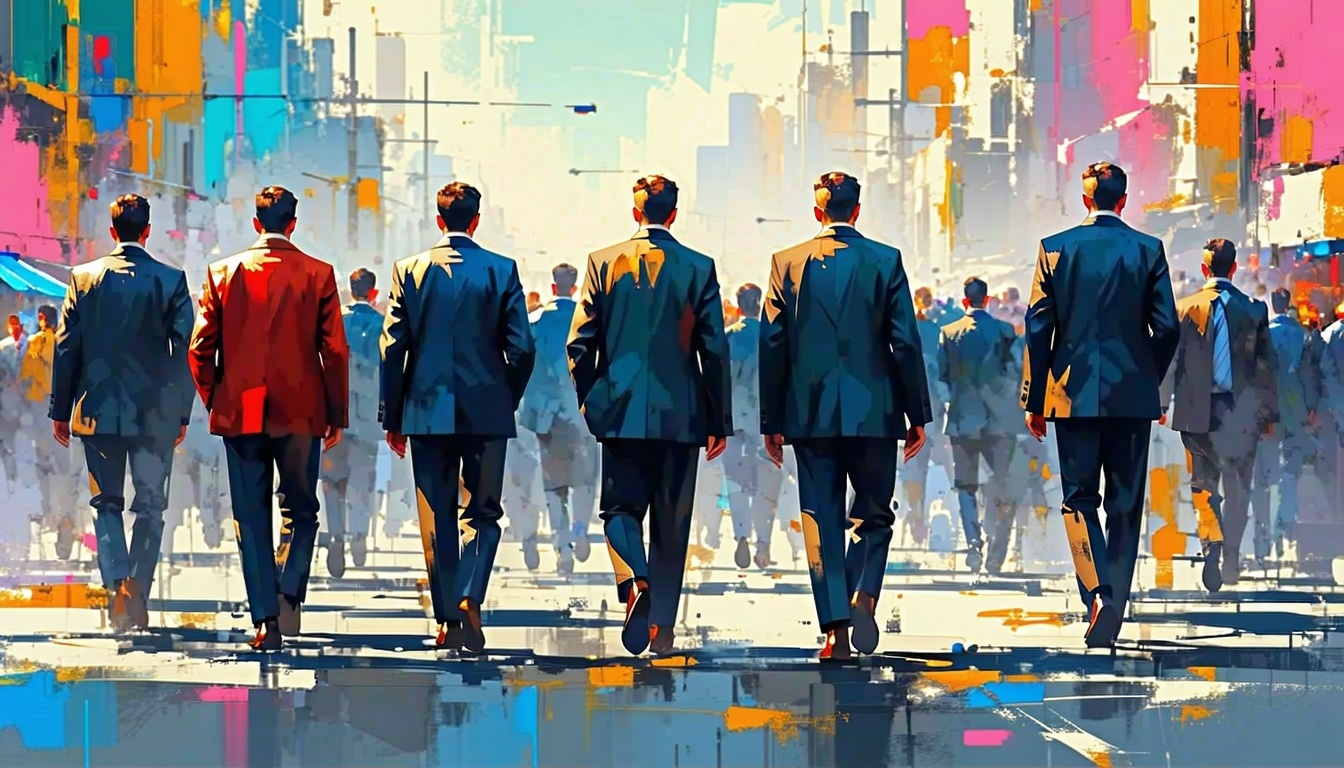 large group of men walking away with bright colorful city in the background-1