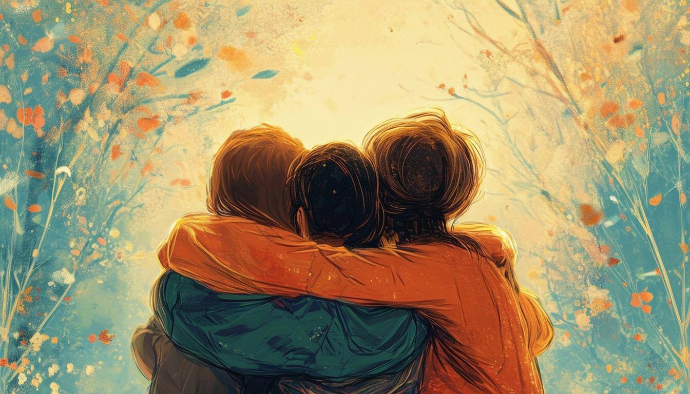 people hugging, looking back and being grateful