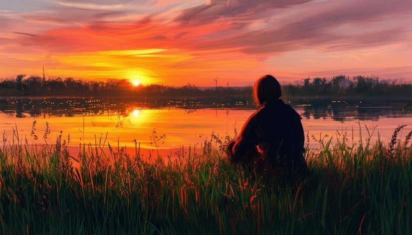 person sitting in meadow reflecting a sunset