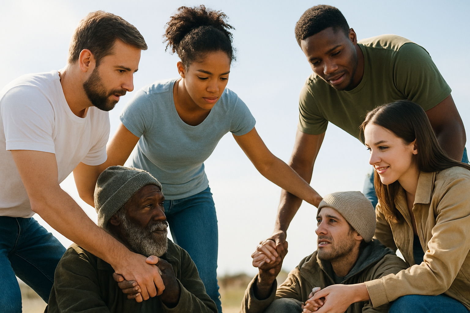 photographic Group of friends helping others in need with a bright background-1