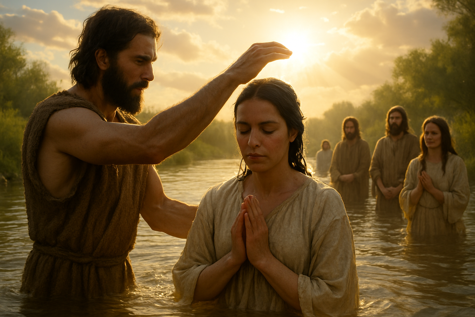 photographic Image of John the Baptist baptizing people in the Jordan river with bright beautiful sunlight shining down upon them-1