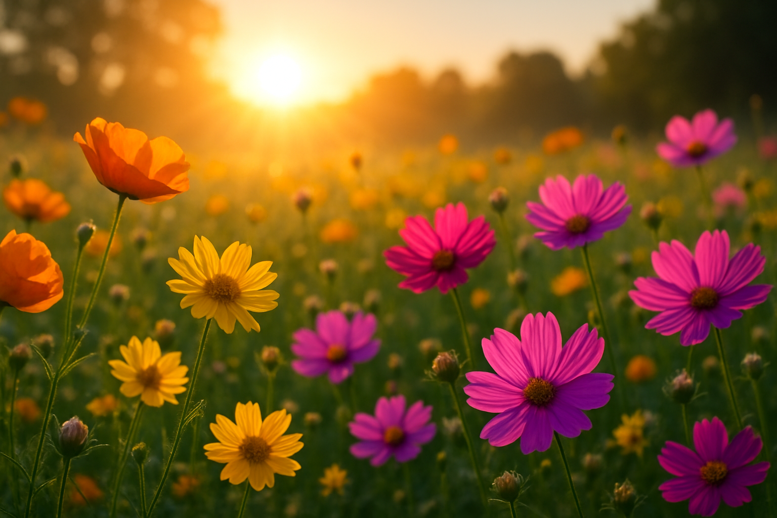 photographic Image of a field of beautiful flowers with bright sunlight in the background