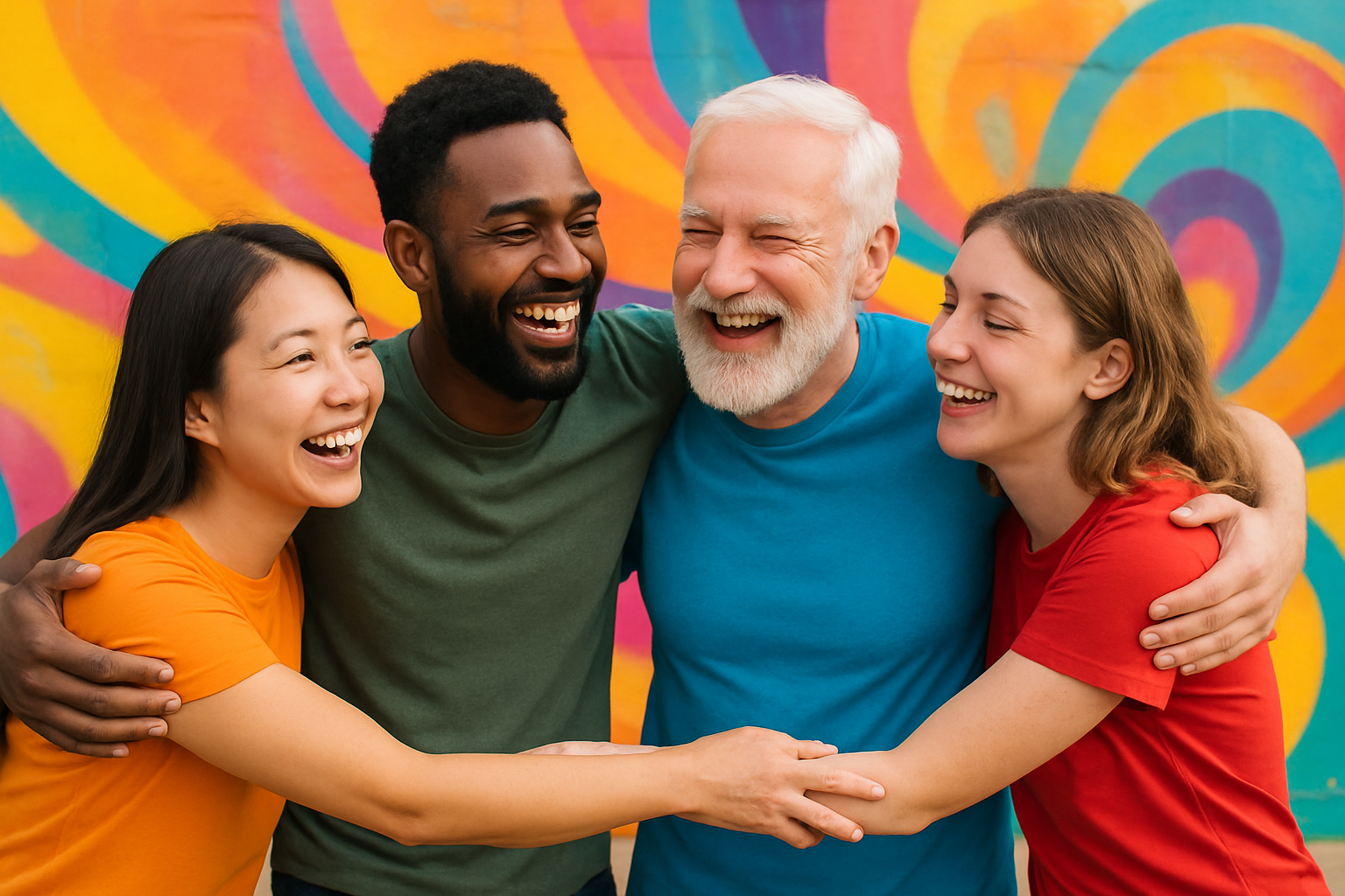 photographic People helping each other with arms around each other and bright colors in the background-1
