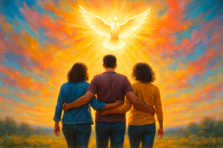photographic People walking arm in arm with the holy spirit above them and bright colors in the background-1-1