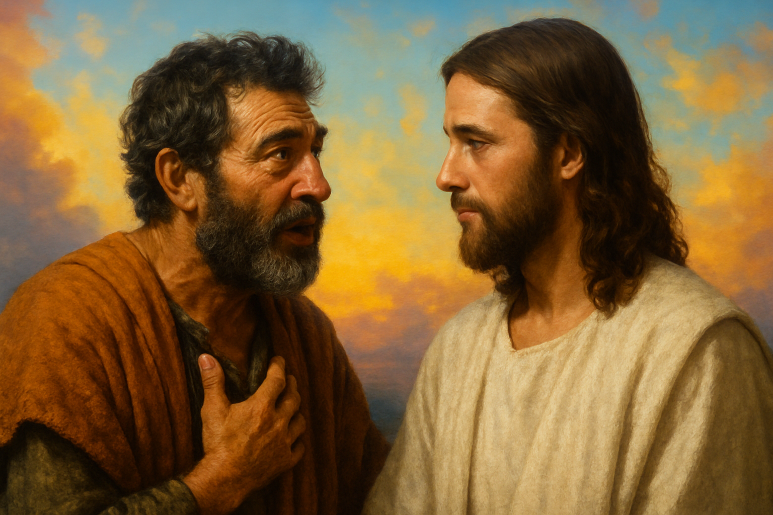 photographic Peter and Jesus with Peter telling Jesus He is the son of God with bright colors in the background