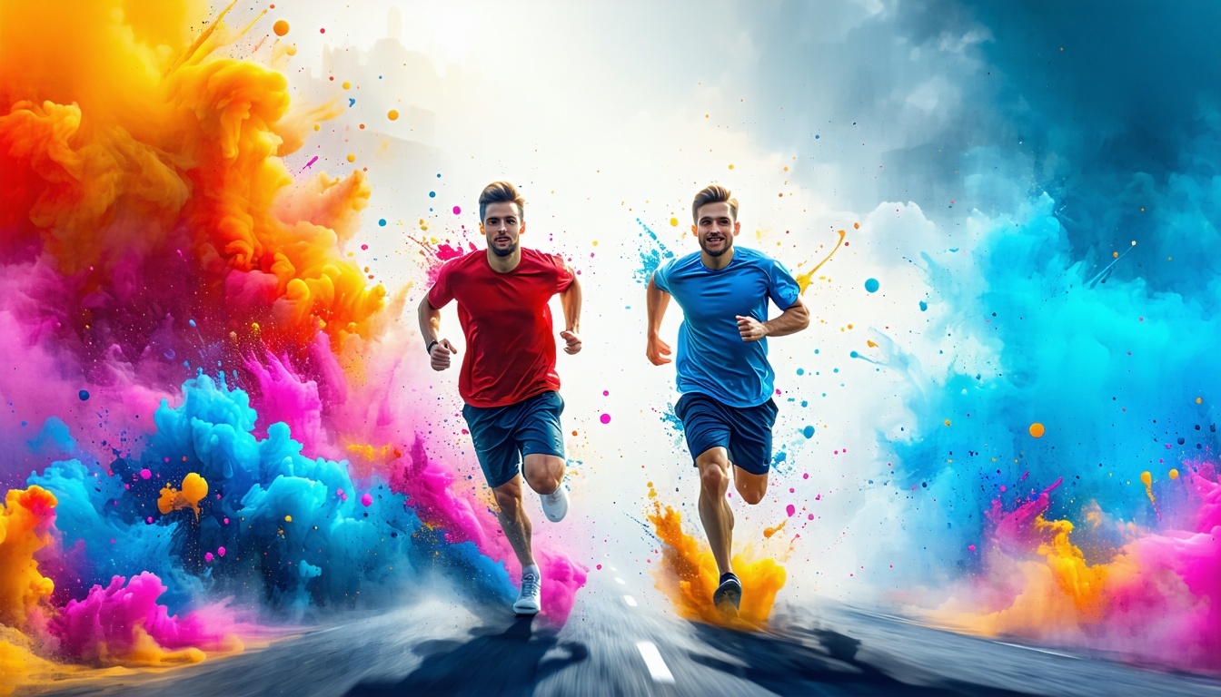 two men running with bright colorful background