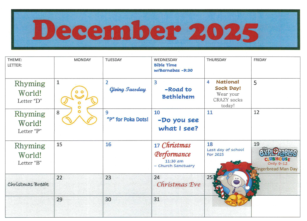 December 2025 Preschool Calendar